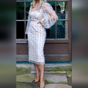 LICHI SHEER DRESS FLORAL EMBROIDERY DETAIL MIDI PENCIL DRESS MEDIUM